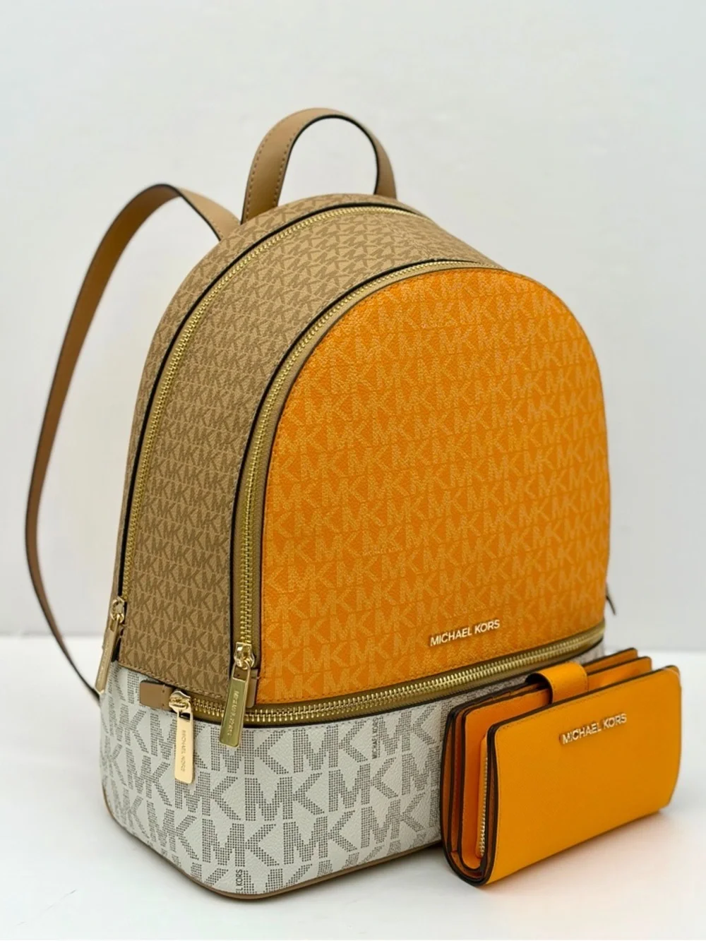 Michael Kors Rhea Medium Color-Block Signature Logo Backpack and Wallet Set